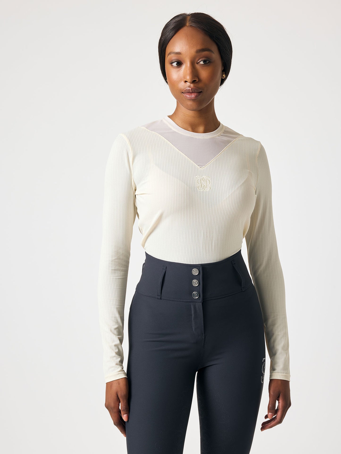 BL Leandra Striped Mesh L/S , VANILLA BEIGE
